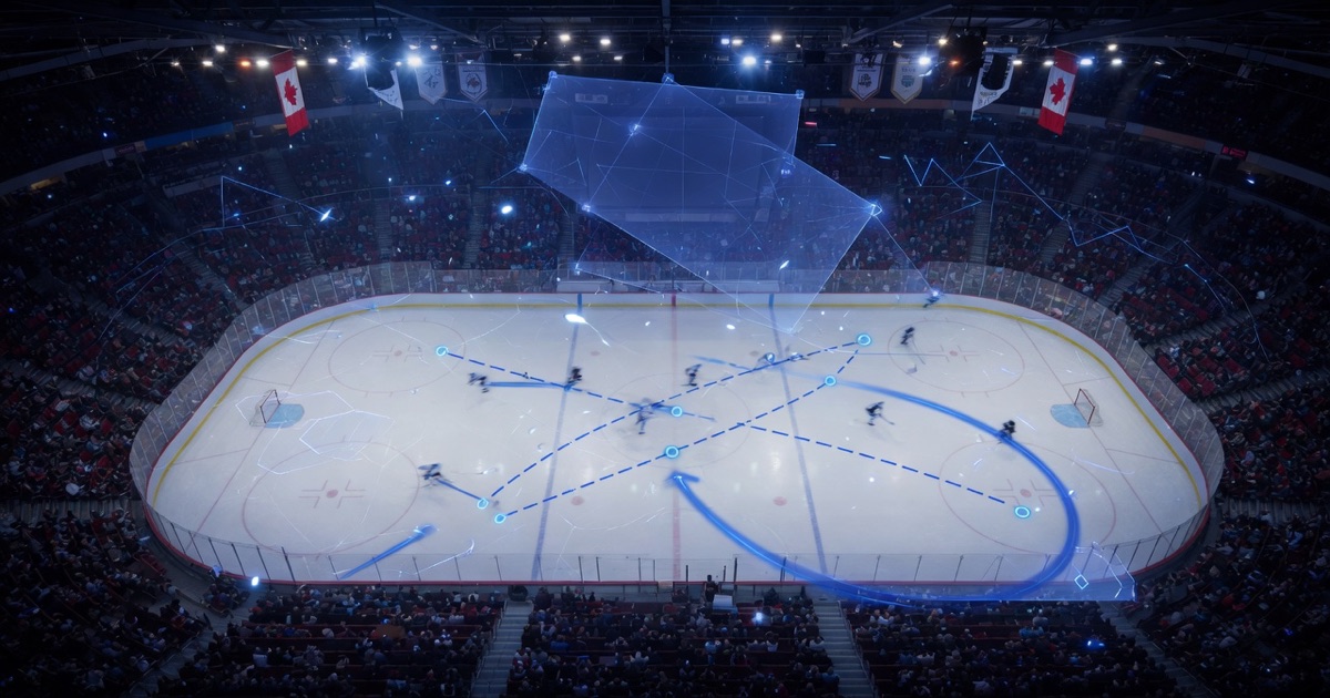 Ice rink overhead with glowing player tracking dots and analytics overlay, no logos.