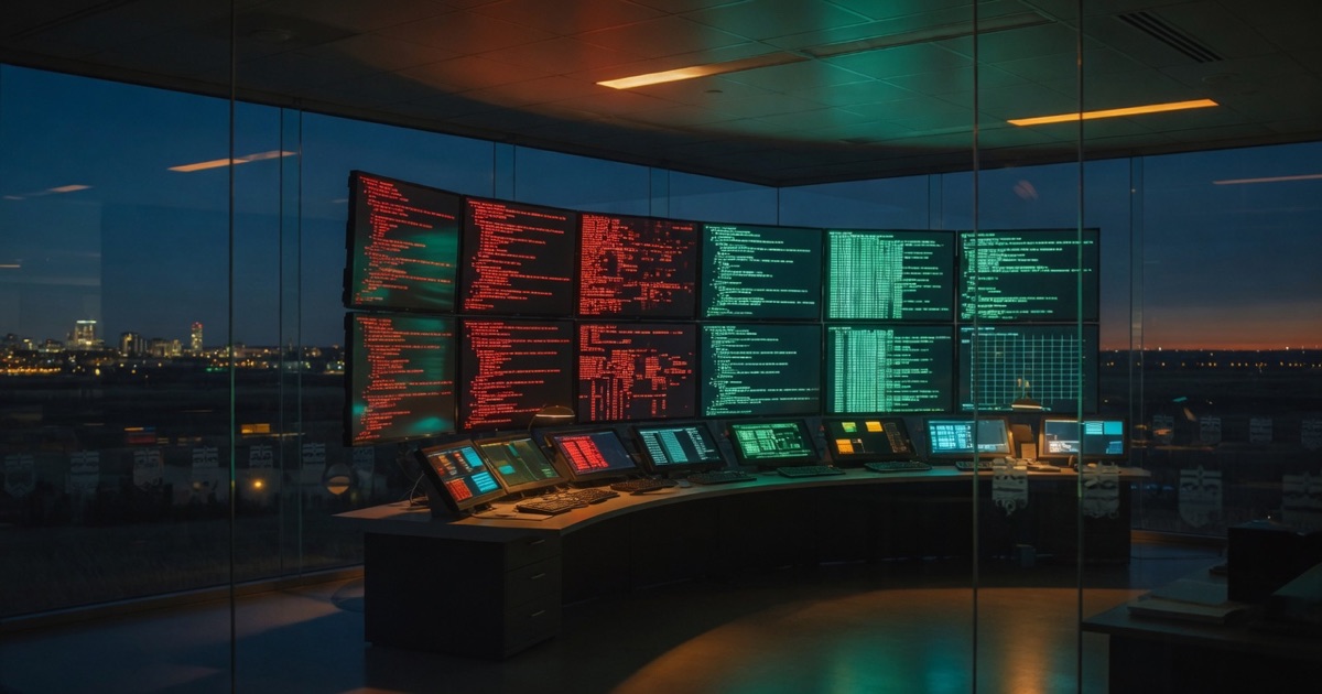 Editorial AGI Times image: Alberta government security command room with code scan meters, Claude agent lanes, and a human approval gate.