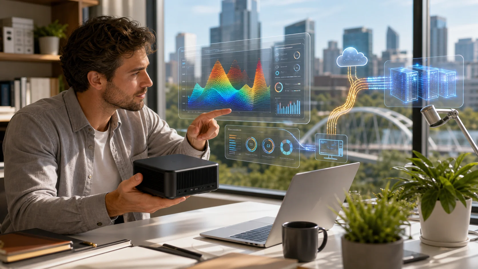 Bright office scene with a compact AMD-class local AI workstation and private model dashboards