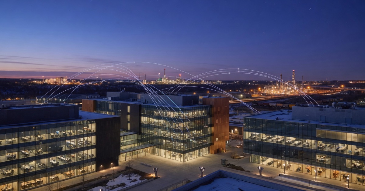 Edmonton research campus at dusk with neural light threads toward industry skyline.