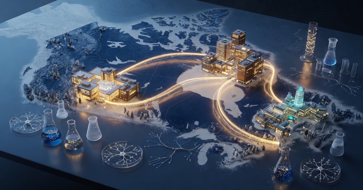 Editorial map of Canada with glowing research nodes in Edmonton, Montréal, and Toronto linked by gold research rails.