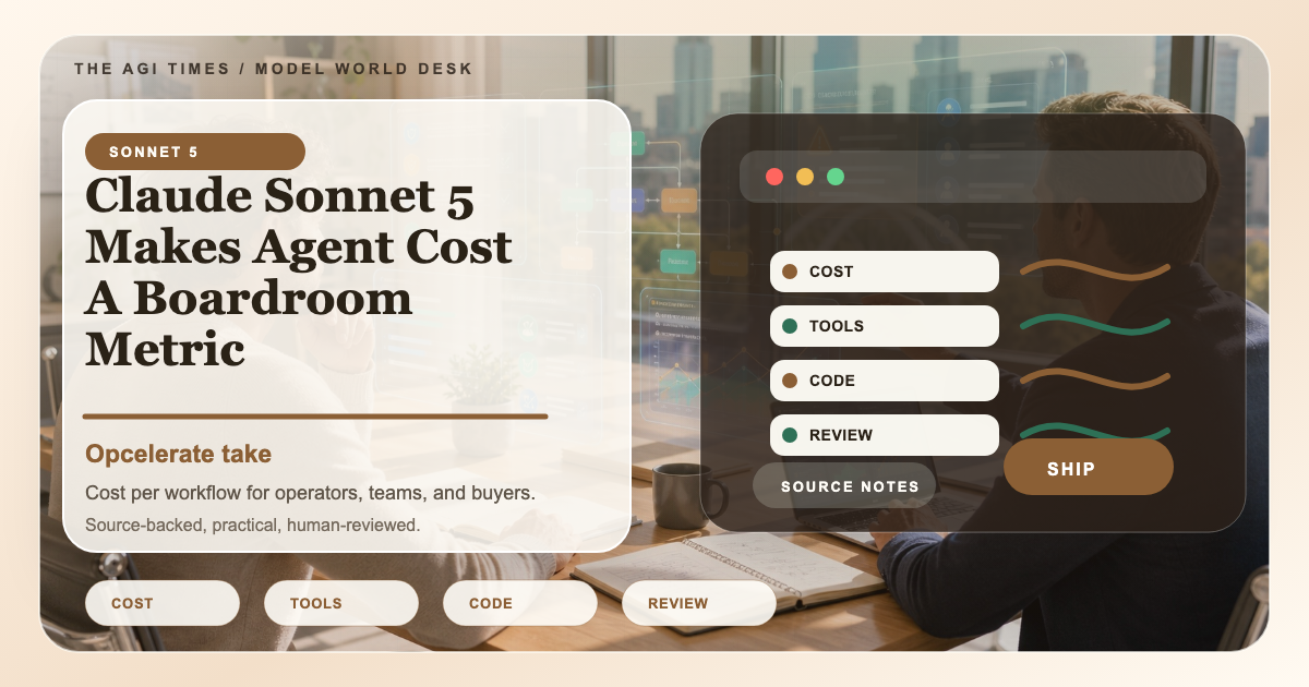 A warm business dashboard with coding tasks, browser tools, cost curves, and a boardroom approval meter.