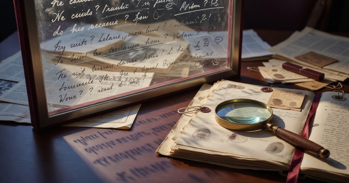 Editorial Q&A board with hard questions, evidence cards, and a transparent glass trust panel.