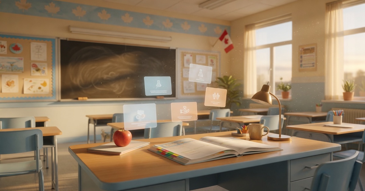 Bright classroom desk with lesson cards, Claude assistant panel, privacy shield, and a human teacher approval stamp.