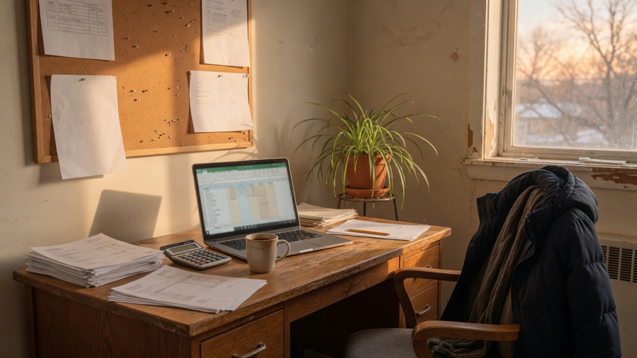 Small-business office desk with invoices, a calculator, and a laptop.