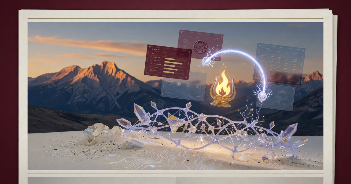 Editorial AGI Times image: dawn foothills, glowing silicon-neural lattice rising from sand, gold fire and electric arcs, and floating safety-standard panels for a frontier AI governance story.