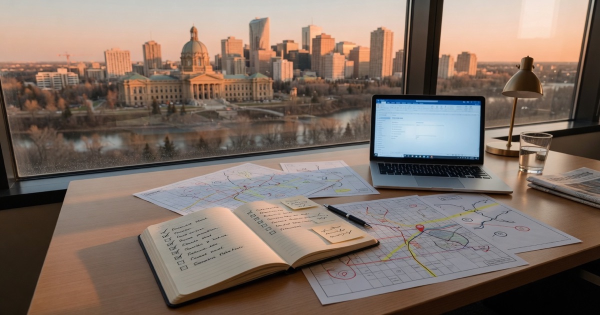 Edmonton business desk with opportunity checklist, workflow map, and scan report folder.