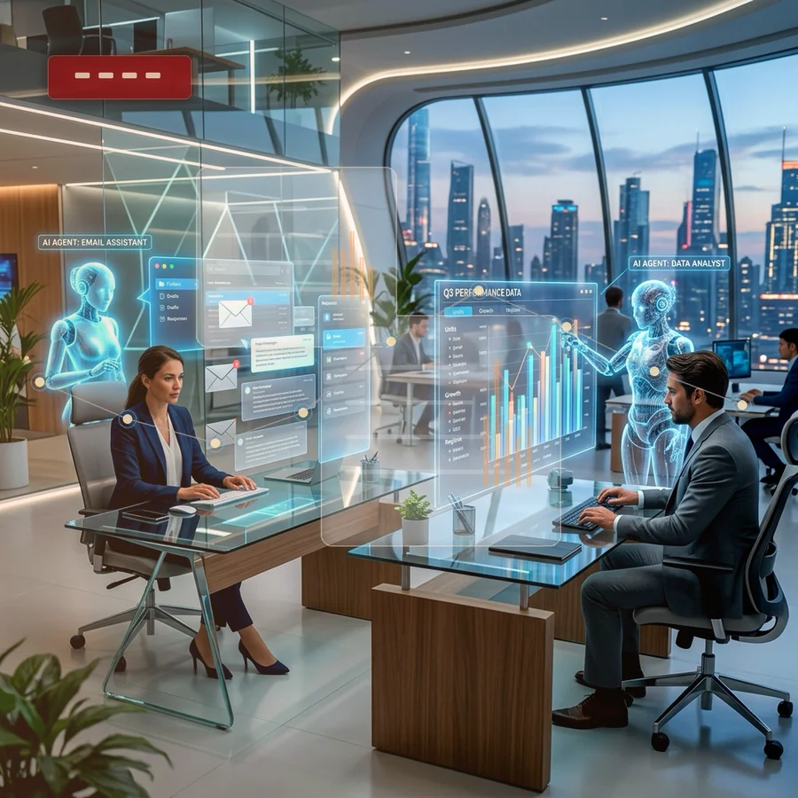 Premium AI agents coordinating Canadian business workflows with glass interface panels
