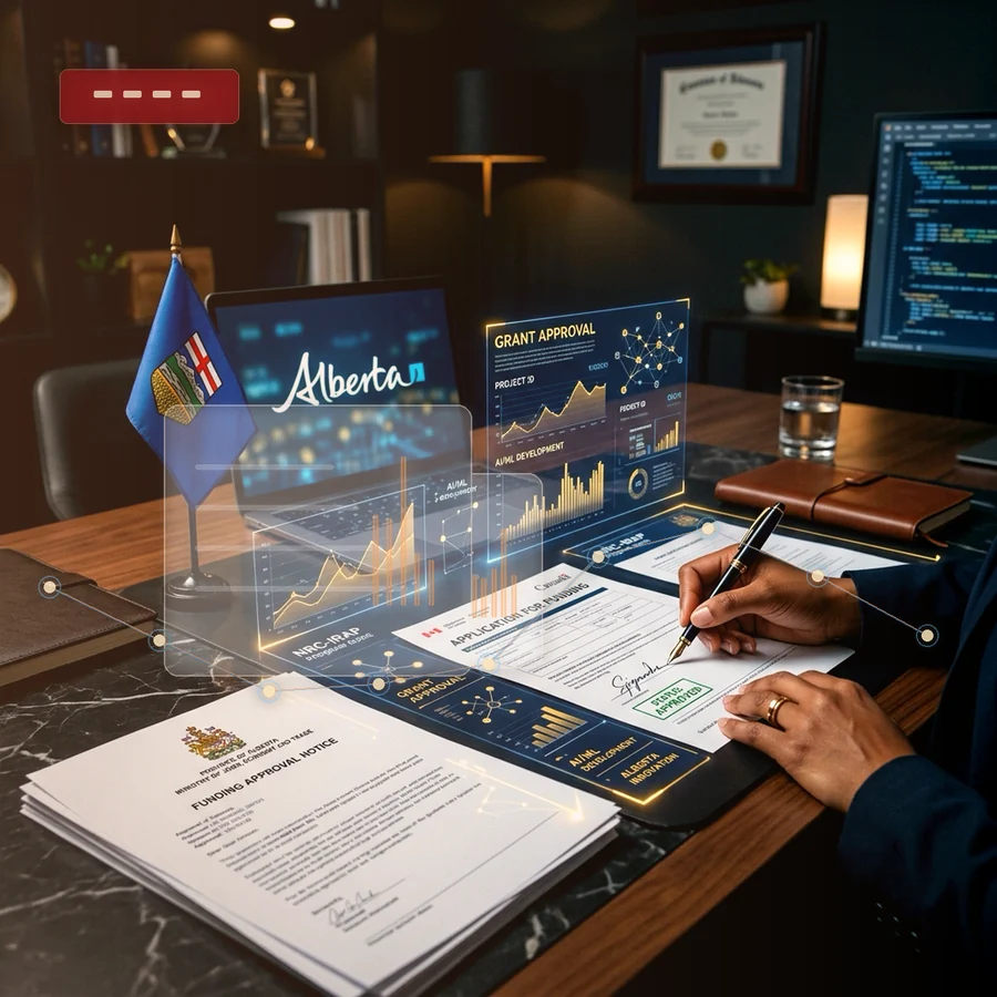 Premium Alberta AI grant funding desk with glass funding workflow panels