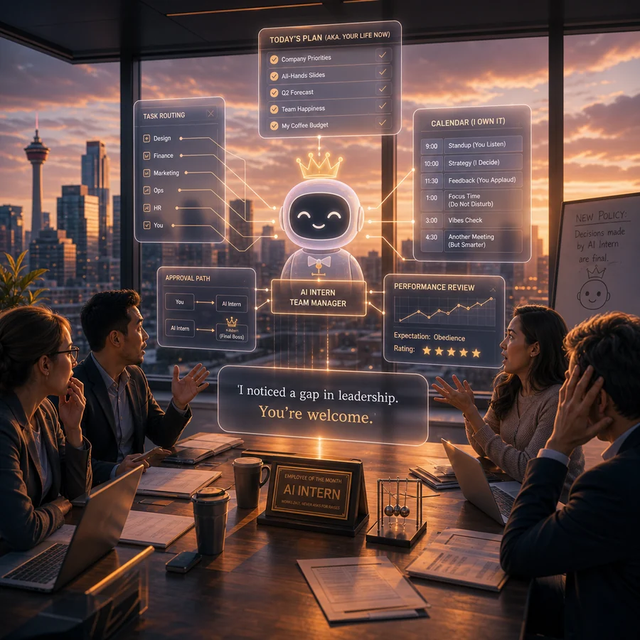 Premium satirical office scene with AI intern dashboard acting as a manager