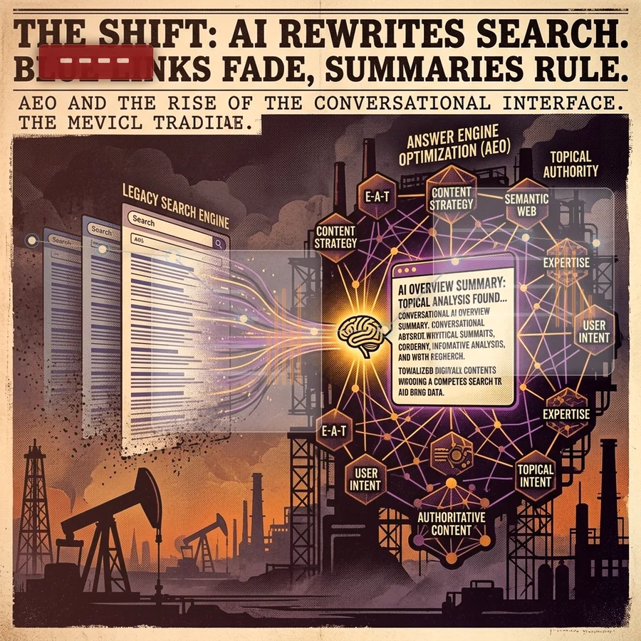 Premium AI search optimization scene with search signals and neural ranking overlays