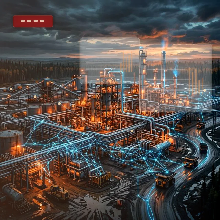 Premium Alberta oil and gas AI operations scene with predictive maintenance overlays