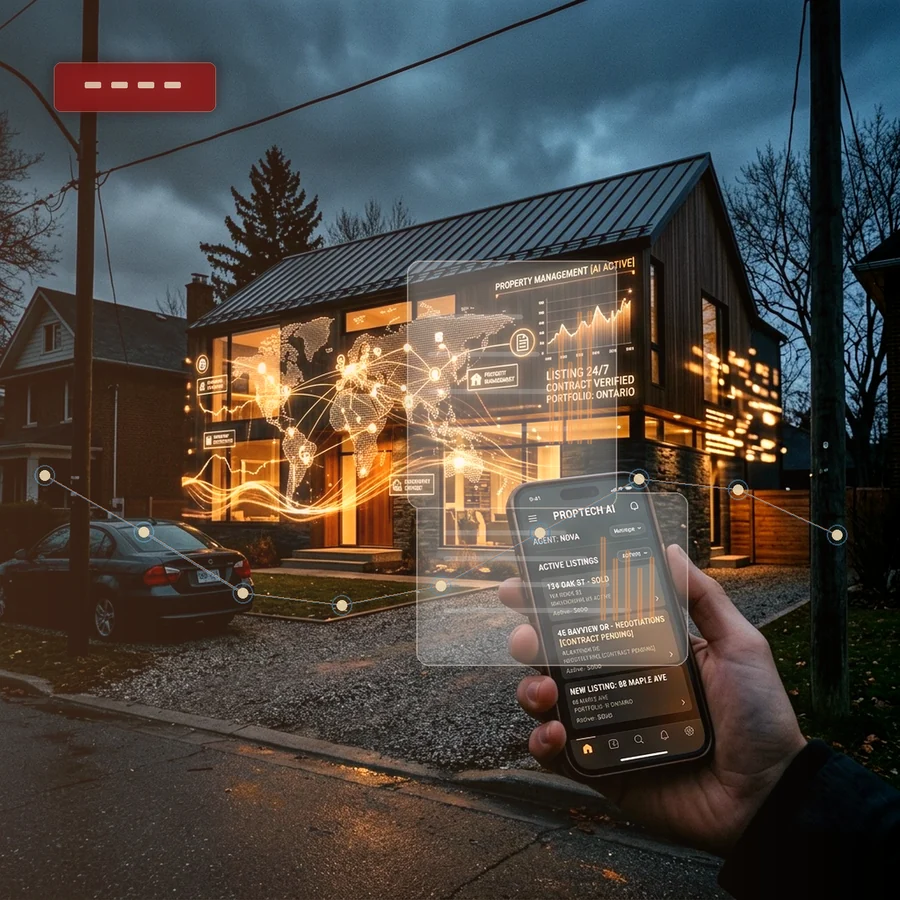 Premium Canadian real estate AI agent scene with property workflow overlays
