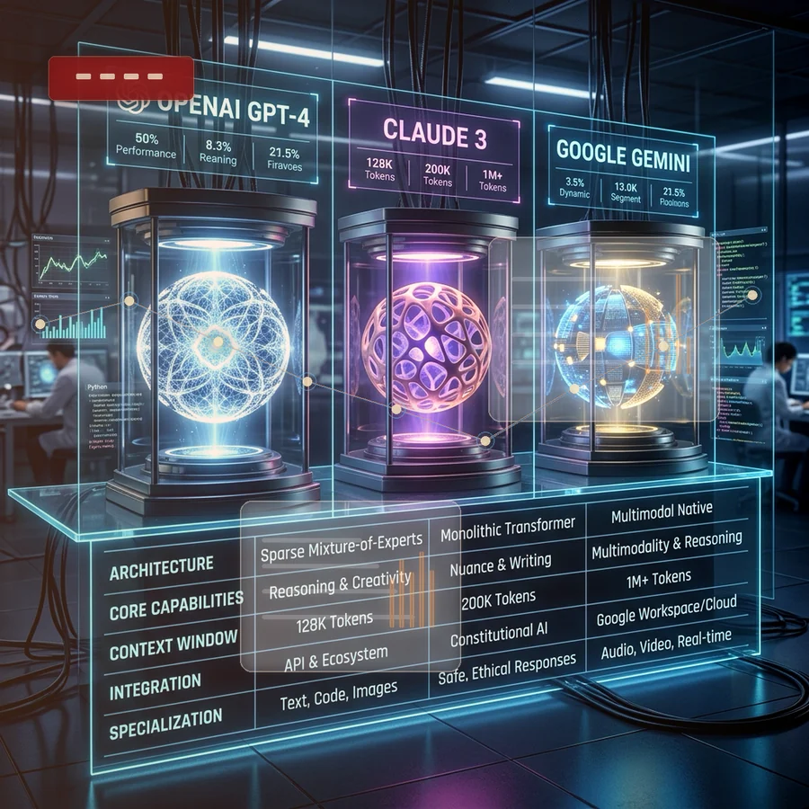 Premium reasoning AI model comparison dashboard with glass benchmark panels