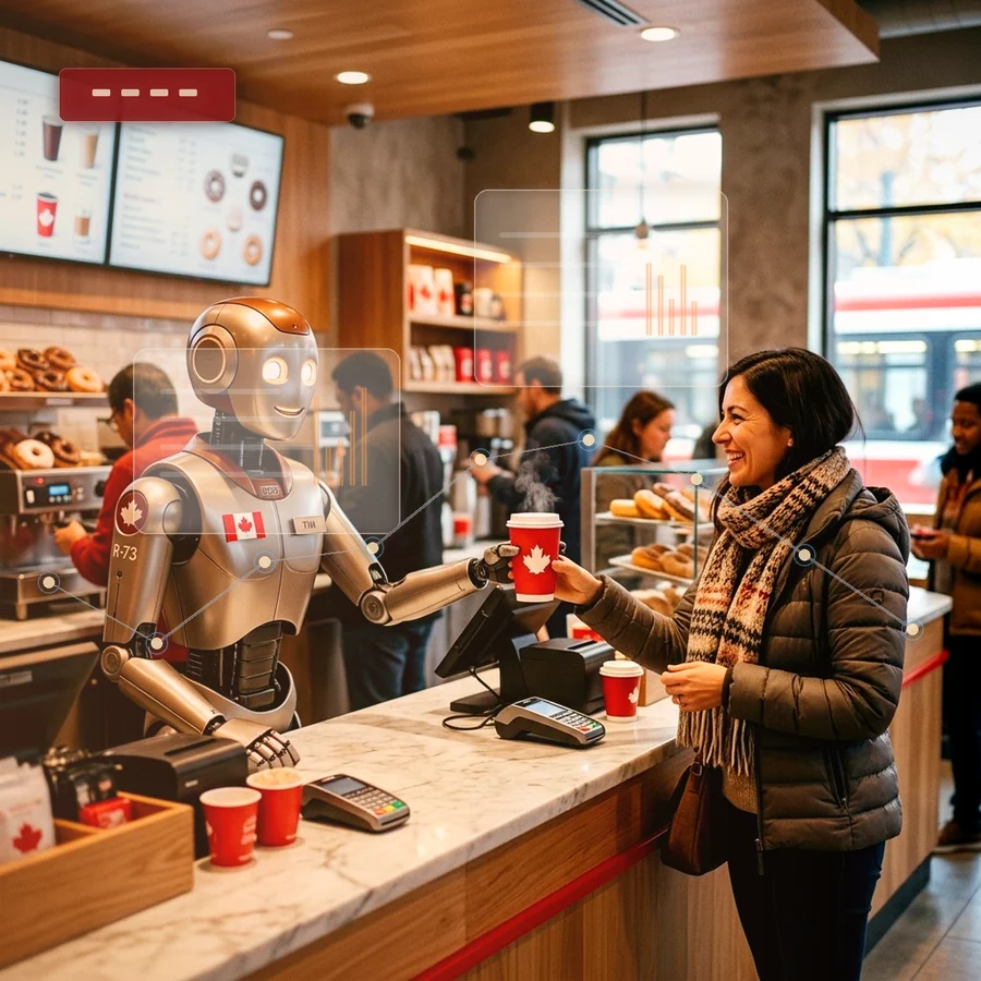 Premium robot barista cafe scene with AI service overlays