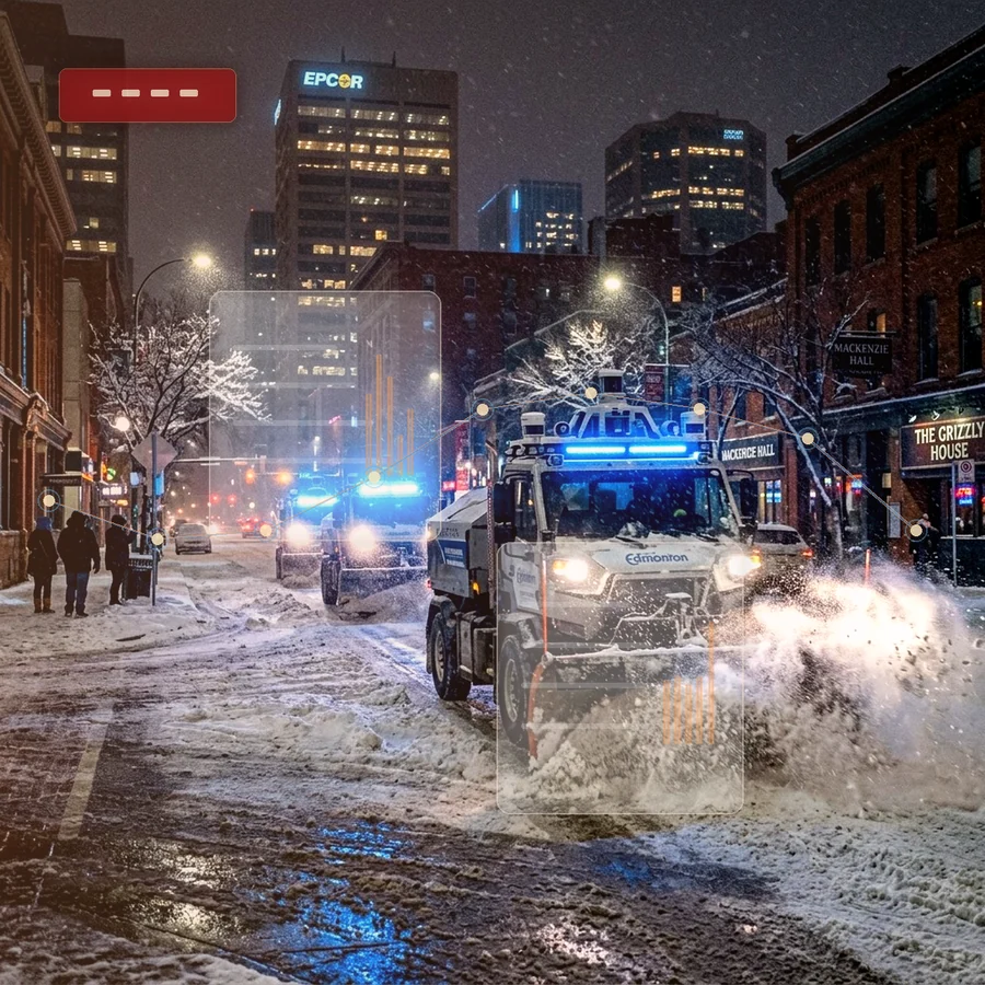Premium Canadian AI snowplow operations scene with routing overlays