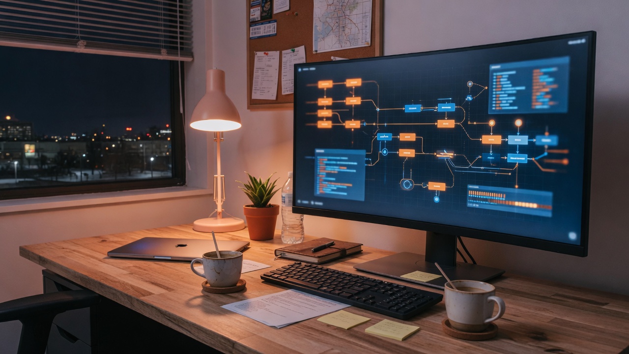 Developer desk at night with agent workflow screens and warm office light.