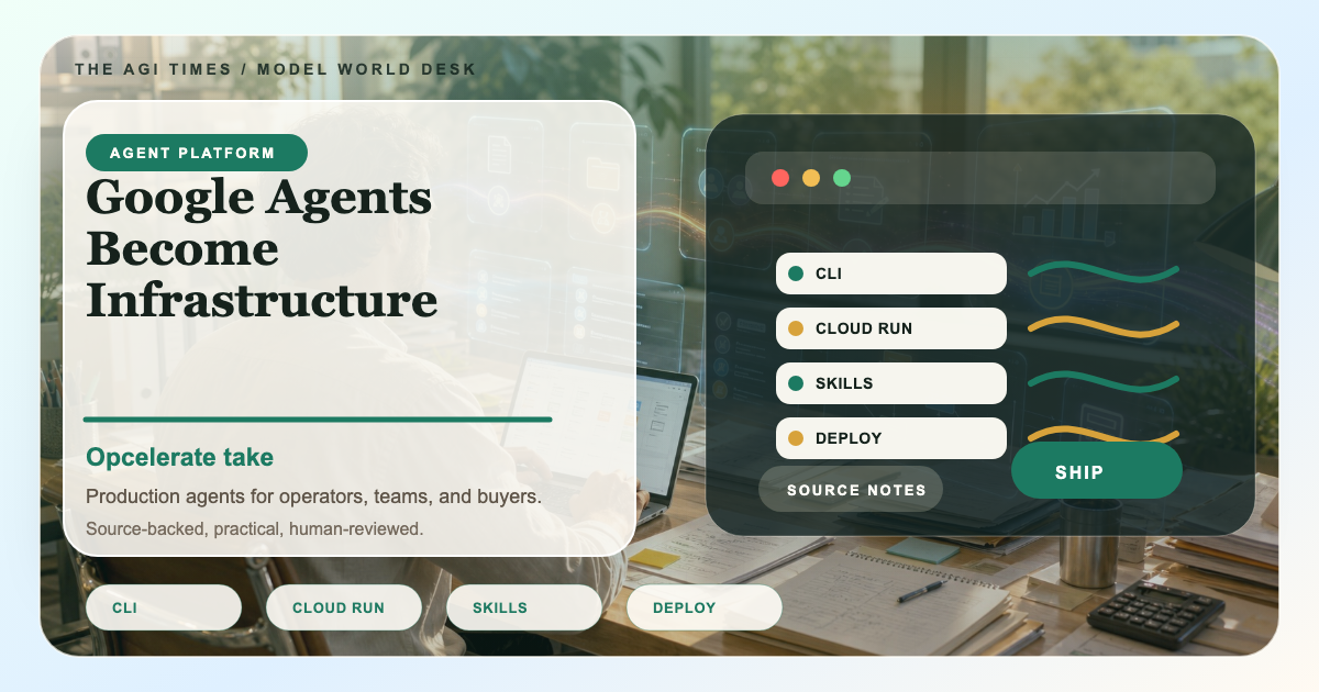 A bright production desk with Google agent lanes, CLI commands, Cloud Run, approvals, and a launch rail moving from local code to production.