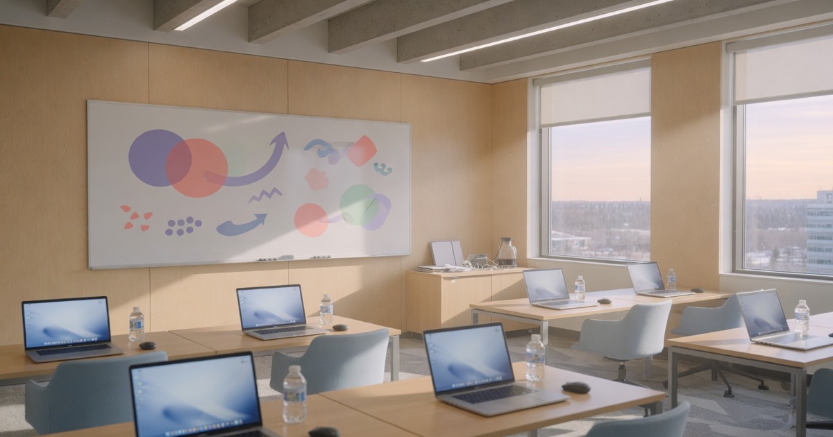 Edmonton classroom with Grok on screen, staff role cards, and Opcelerate Academy training badges.