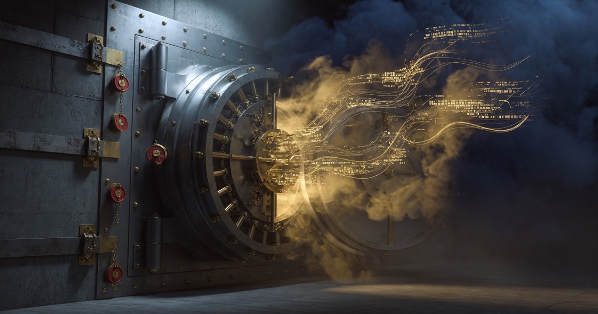 Enterprise vault with glowing prompt exhaust pipes leaking into a frontier model cloud, blocked by a consent boundary wall.