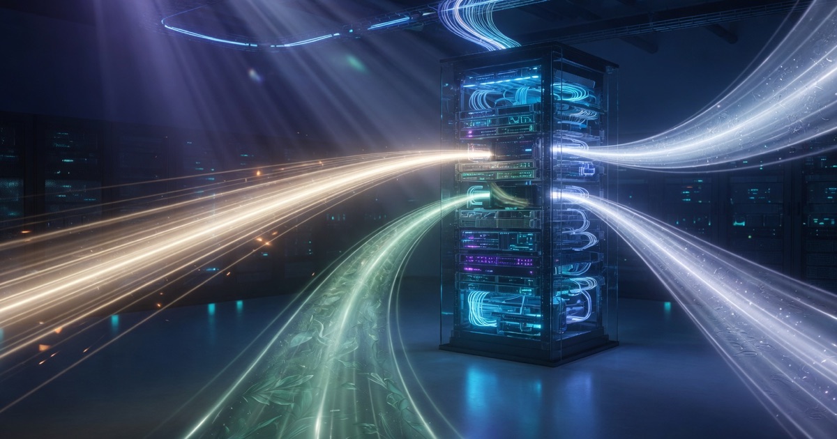 Three glowing model lanes labeled as abstract pathways into a control stack.