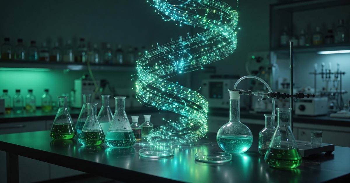 Laboratory with luminous DNA-like data helix