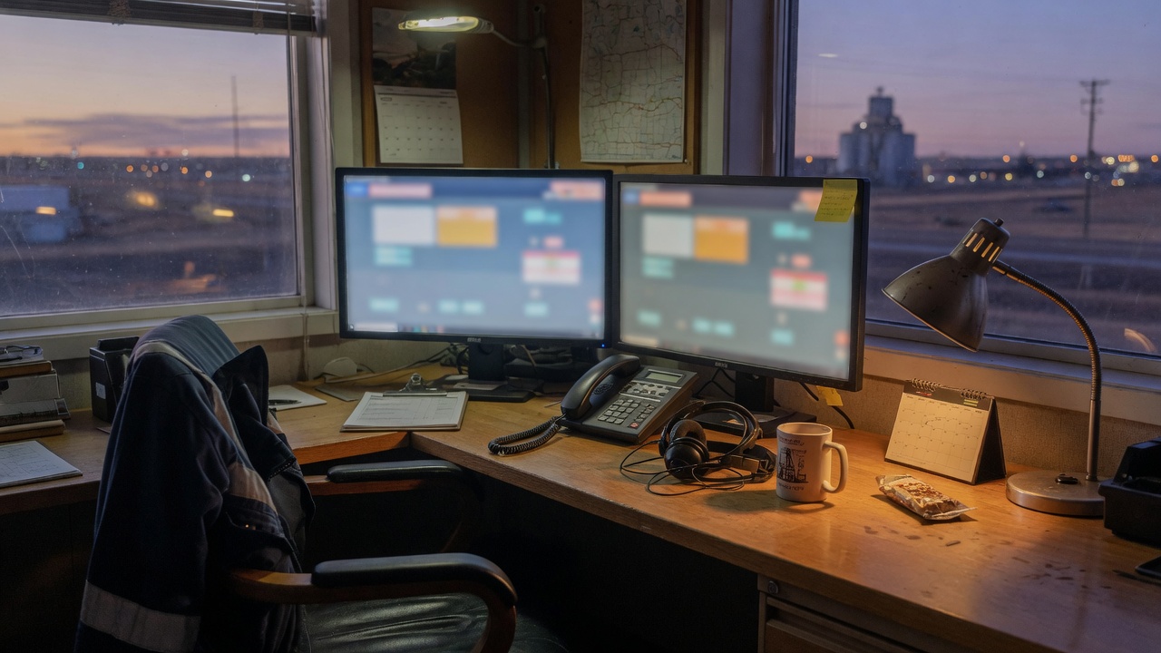 Quiet service-business dispatch desk at dusk with a headset and two screens.