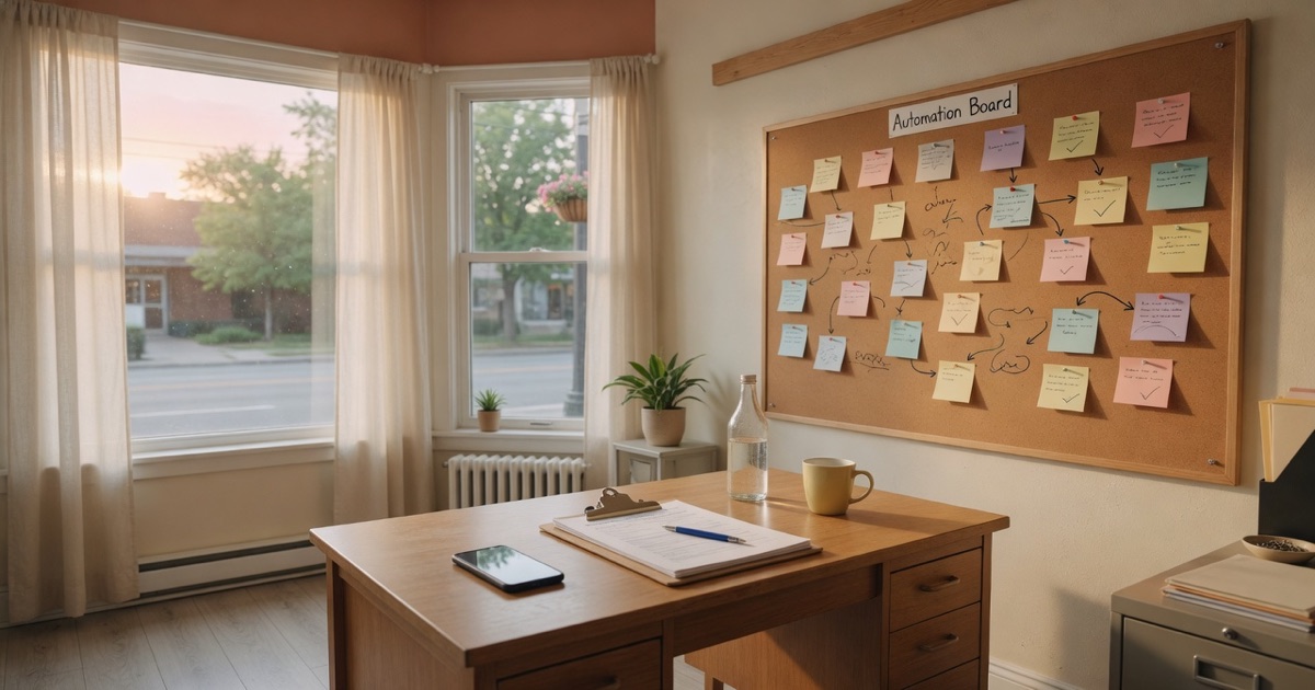 Sherwood Park small business office with automation checklist and phone intake board.