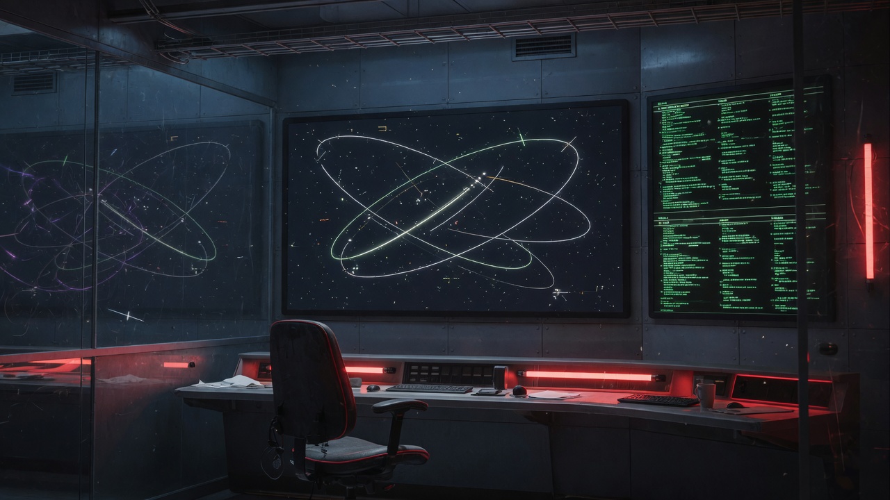 Dim engineering room with orbital tracks and a coding terminal glow.