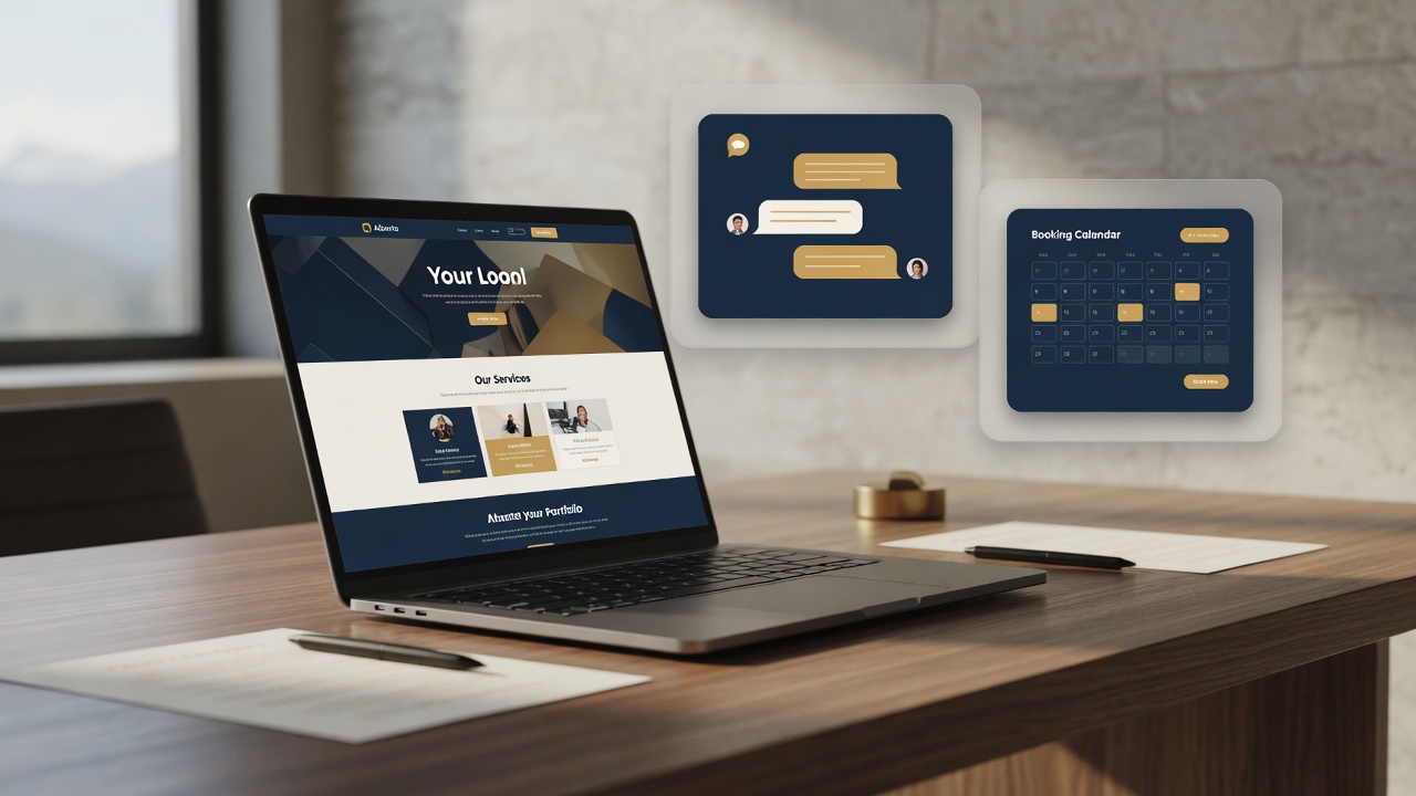 Laptop on a desk showing a premium business website with booking and assistant UI cards