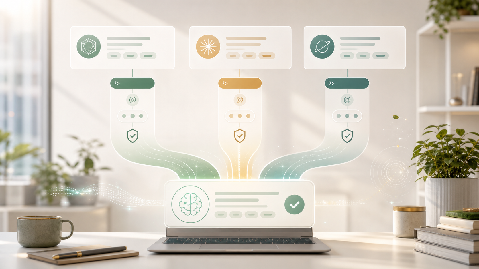 Three abstract AI command lanes flowing into one approved customer workflow.