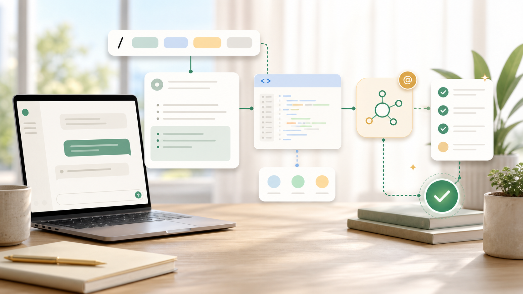 OpenAI-style workflow with a writing workspace, app routing, review checklist, and approval node.