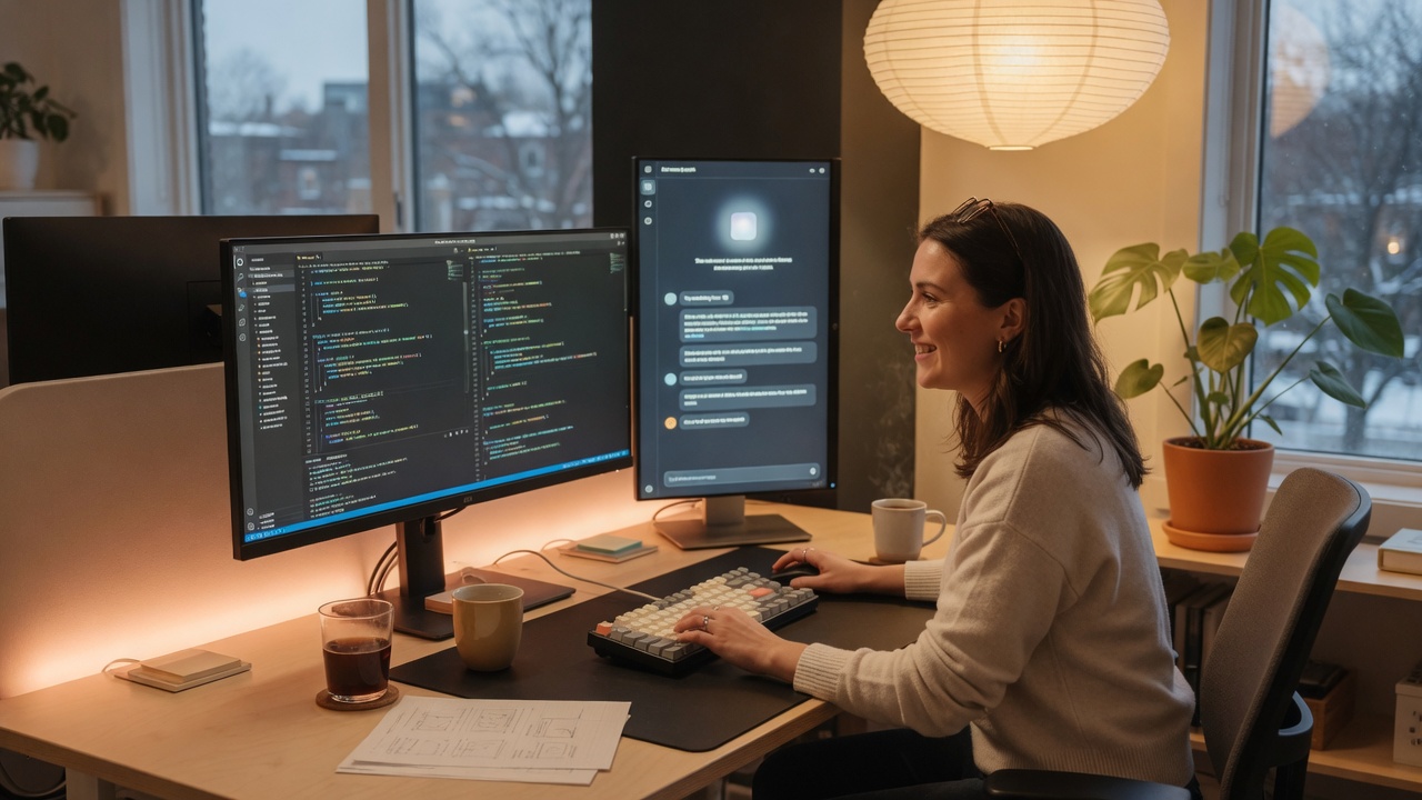 Canadian developer in OpenAI Codex training at dual monitors