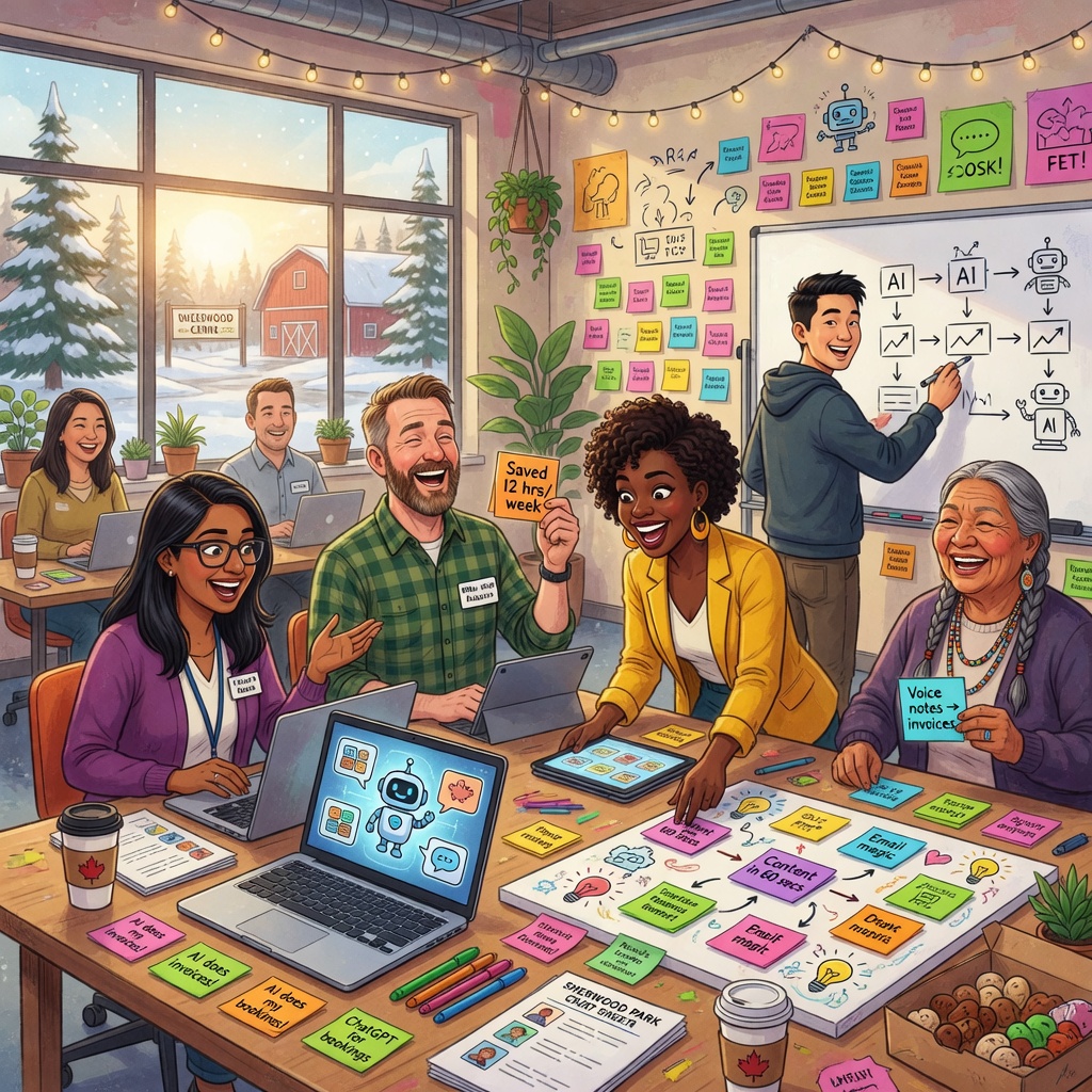 Fun corporate AI readiness workshop illustration for Canadian teams