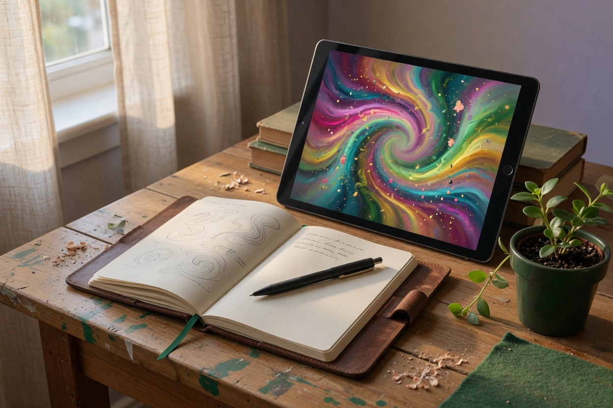 Workshop still life with notebook and tablet showing abstract AI colors