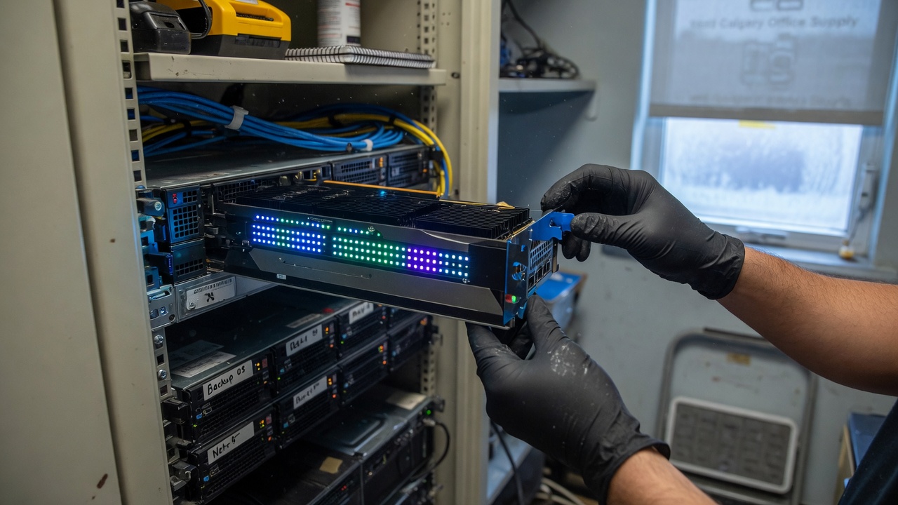 Hands installing a GPU server blade for local open-weight inference