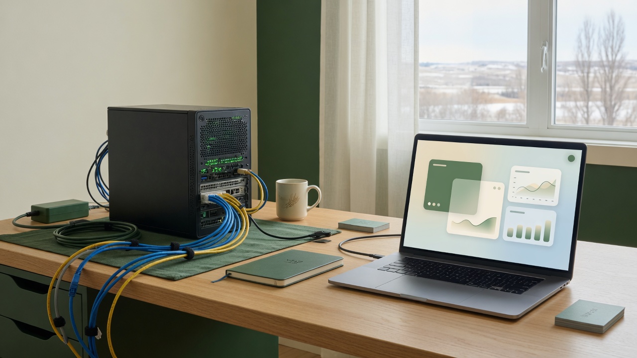 Self-host GPU server beside cloud API laptop — open-weight AI choice for Canadian businesses